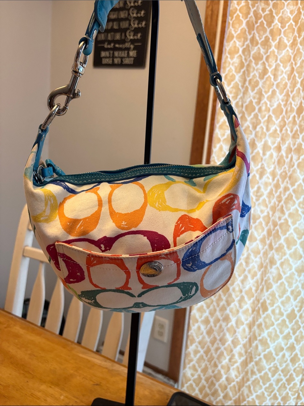 Coach Multicolor Scribble C Hobo Shoulder Bag with Teal Trim